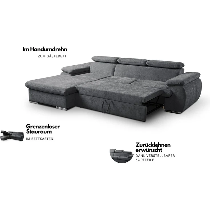 WERK2 Ecksofa Cosmo inkl. Bett & Bettkasten & Kopfteilverstellung, bequem, Chenille, L-Form, XXL, Schlaffunktion, Bettkasten – Bild 3