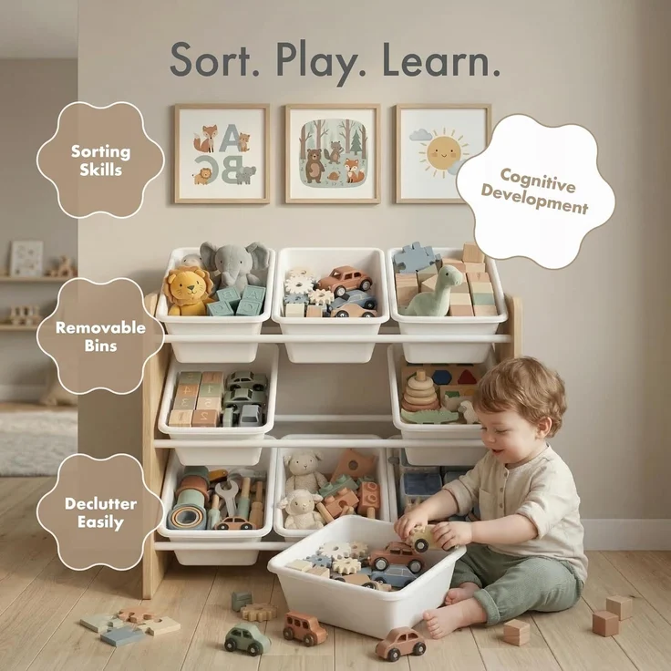 Humble Crew stilvolles Kinderregal aus Holz, Natur/Weiß! 9 Boxen für Spielzeug, ideal für Kinderzimmer. Ordnung mit Charme schaffen – Bild 6