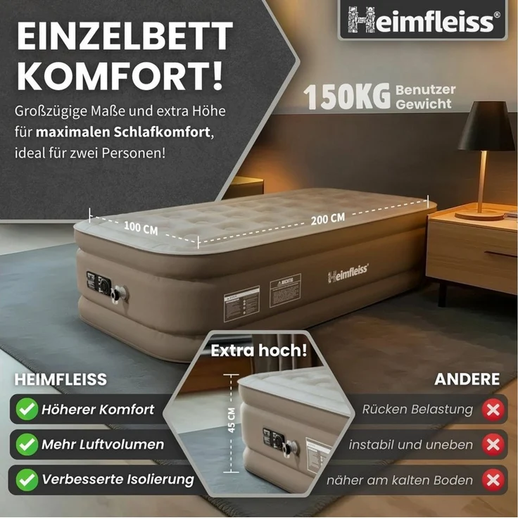 Heimfleiss® Luftmatratze selbstaufblasend 1 Person | Premium Luftbett 100x200 cm | Schnell Aufblasbare Matratze ideal nutzbar als Gästebett & Camping Bett | Selbstaufblasbare Gästematratze mit Pumpe – Bild 3