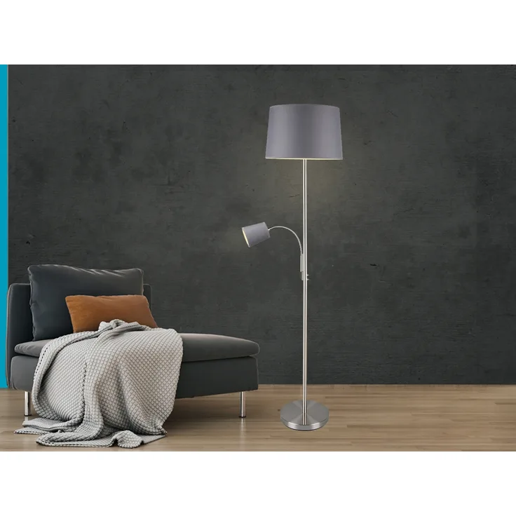 Große Stehlampe HENTA mit Leselampe und Stoffschirm Grau, Höhe 170cm