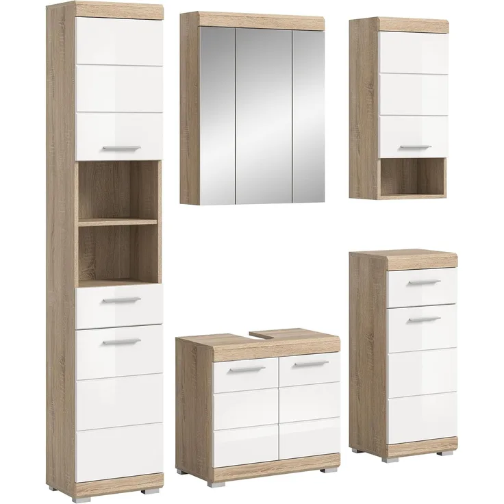 Badmöbel Set Lambada in weiß Hochglanz und Eiche 5-teilig 164 cm