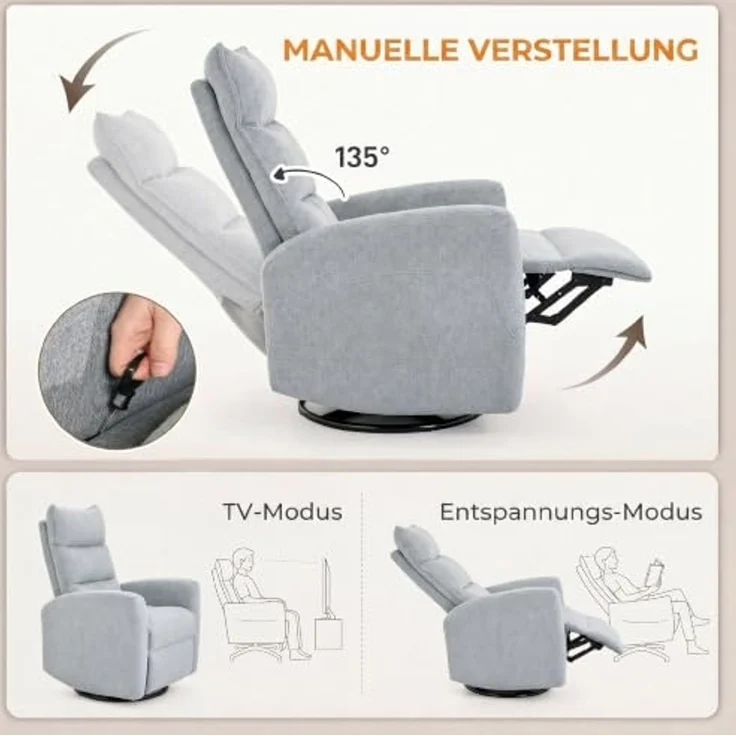 HOMCOM Relaxsessel Ruhesessel mit Schaukel- und Liegefunktion, breitem Sitz (TV Sessel, 1-St, 360° Drehbarer Liegesessel), für Wohnzimmer, Schlafzimmer, Heimkino, Hellgrau – Bild 4