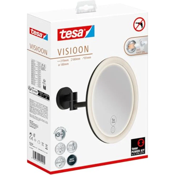 tesa Schminkspiegel Visioon Kosmetikspiegel mit Beleuchtung, Montage ohne Bohren, Schwarz (Komplett-Set, 1-St, Make-Up-Spiegel mit Schwenkarm, USB-C-Ladekabel, Power. Kit Klebelösung), Wandspiegel mit dimmbaren LEDs, 5-fach Vergrößerung, Touch-Bedienung – Bild 3