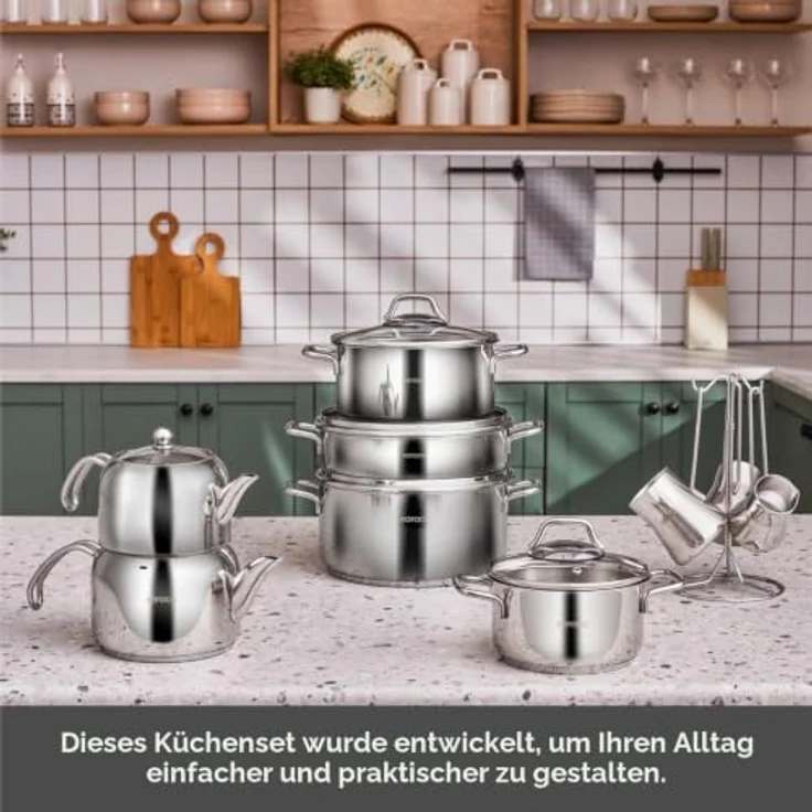 Karaca Belgrad 15-teiliges Topf-Set aus Edelstahl mit hitzebeständigen Deckeln, inkl. Bratpfanne und Kaffeekannen-Set – Bild 3