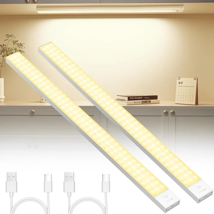OUILA Unterbauleuchte Küche LED 2 Stück 60CM Schrankbeleuchtung Batterie 5000mAh USB Wiederaufladbar Magnetische Lampe Kabellos Schranklicht mit Bewegungsmelder für Schlafzimmer, Werkstatt (Warmweiß)