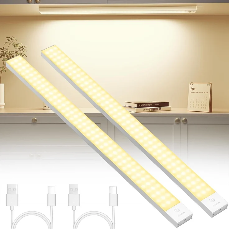 OUILA Unterbauleuchte Küche LED 2 Stück 60CM Schrankbeleuchtung Batterie 5000mAh USB Wiederaufladbar Magnetische Lampe Kabellos Schranklicht mit Bewegungsmelder für Schlafzimmer, Werkstatt (Warmweiß) – Bild 1