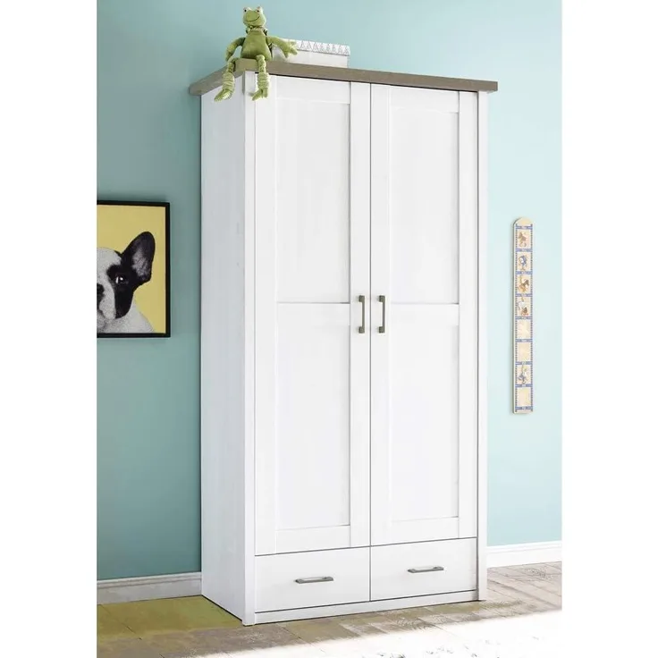 Kleiderschrank im Landhaus Design LUND-78 in Pinie weiß Nb. /Trüffel Eiche Nb, B/H/T: ca. 106/201/55 cm