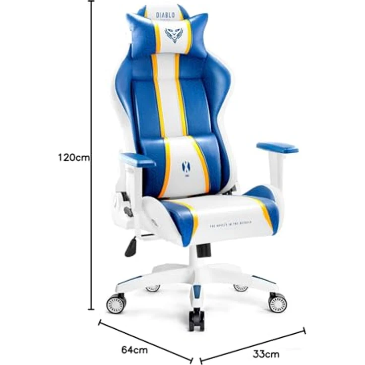 Diablo Chairs Gaming-Stuhl X-One 2.0 ergonomischer Drehstuhl mit Lendenkissen und Kopfstütze Leder HDS Tilttech-Verstellung Armtech-Armlehnen 64 x 33 x 120 cm Aquablau – Bild 3