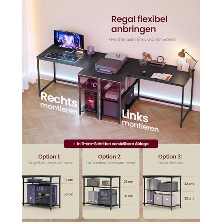 VASAGLE Eckschreibtisch in L-Form, Computertisch mit Stauraum, Bürotisch, höhenverstellbare Ablage, für Homeoffice, 110 x 80 cm, ebenholzschwarz LWD135BE01 – Bild 6