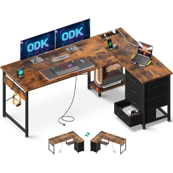 ODK Eckschreibtisch L Form Vintage-Braun 155x110 cm, Schubladen, Steckdosen, USB – Bild 1