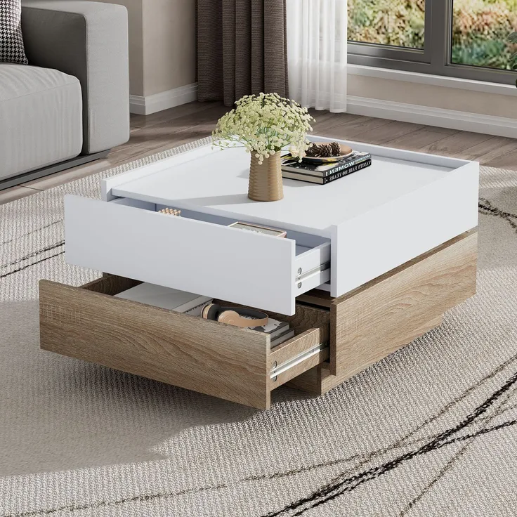 Couchtisch mit Aufbewahrungsschublade, drehbare Tischplatte, modernes Design Weiß & Walnuss, quadratischer Wohnzimmertisch