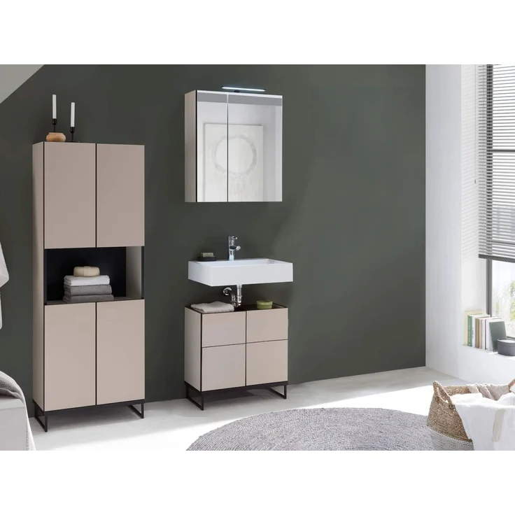 moebel-dich-auf Badmöbel-Set VENEZIA, (inklusive LED-Beleuchtung, kaschmir Spiegelschrank WBU optional mit Hoch-/Highboard), Metall Füße – Bild 1