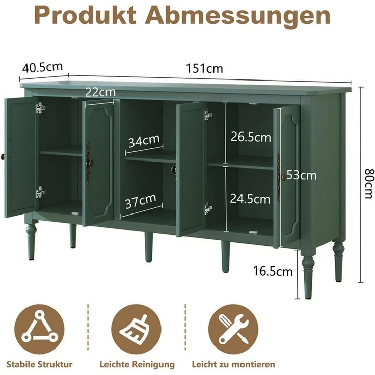 HOLTICO Sideboard Buffet Schrank mit 4 Türen und offenem Regal, Vintage Akzent Kommode (1 St), TV-Schrank, Küchenschrank, Kredenz, und Weinschrank – Bild 2