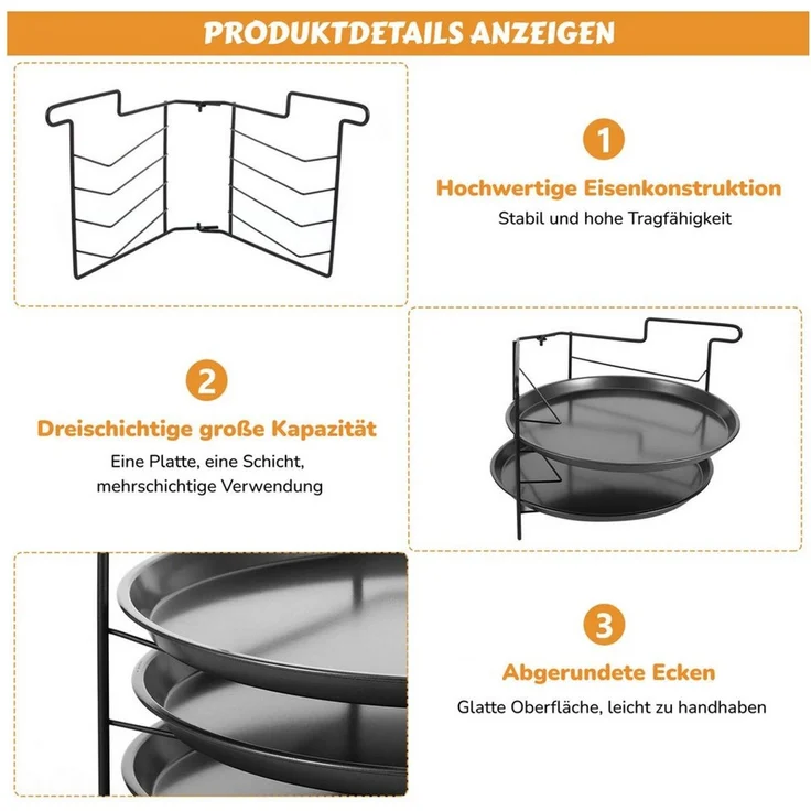 BlingBin Pizzablech Pizzapfannen, Pizza Backset, Pizzabackblech Mit Standhalterung, Kohlenstoffstahl, (4er Set, 4-St, 4 Stück), Pizzagestell für Backofen, 4 Pizzen Gleichzeitig Backen, ø28 cm – Bild 3