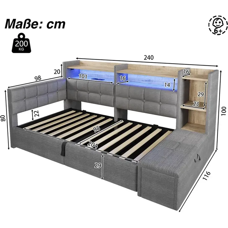 Stauraumbett mit LED-Beleuchtung, Bettkasten, Lattenrost, Regal und USB/Type-C Anschlüssen, 90x200 cm, Schlafsofa, Einzelbett, Jugendbett, Samt – Bild 7