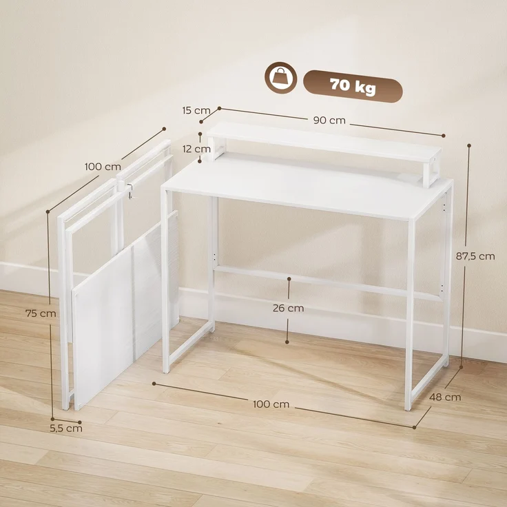 MELAYR, Schreibtisch Klappbar Computertisch mit Monitorhalterung für Arbeitszimmer 100 x 48 x 87.5, Weiß – Bild 5