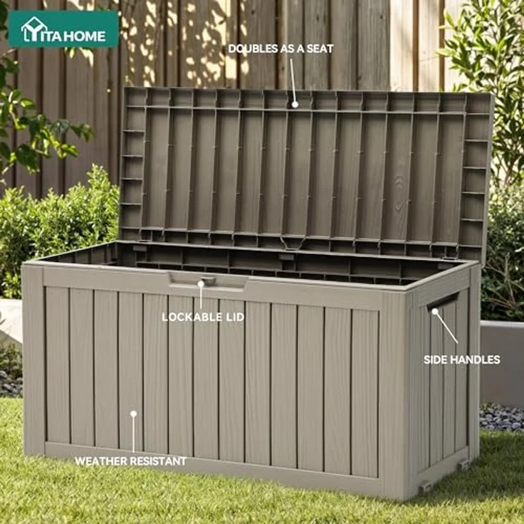 YITAHOME Outdoor-Aufbewahrungsbox mit Rollen, 270L Kunststoff-Gartenbox, Wetterfeste Aufbewahrungskiste für Kissen, Werkzeug & Poolzubehör, Abschließbar, Holzoptik, 114,7 x 46,5 x 57,6 cm, Hellbraun – Bild 5