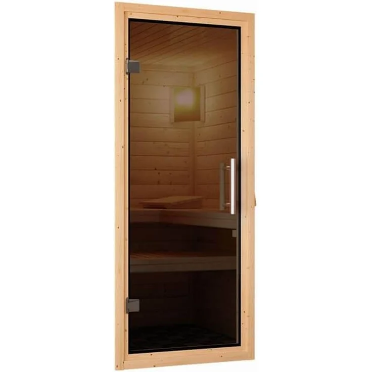 Karibu Sauna Bodin mit Dachkranz + 9kW BIO-Kombiofen mit ext. Steuerung Easy Graphit-Ganzglastür – Bild 2