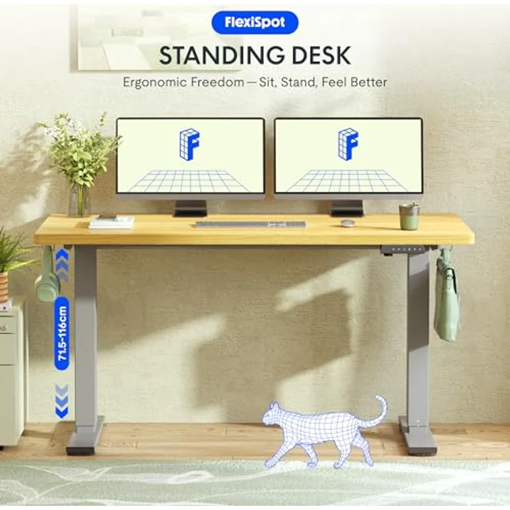 FLEXISPOT Höhenverstellbarer Schreibtisch 140×80cm, mit Haken und 25mm EINTEILIGER Tischplatte, ergonomischer Schreibtisch mit LED-Höhenanzeige und Memory-Funktion (Ahorn,Grau) – Bild 3