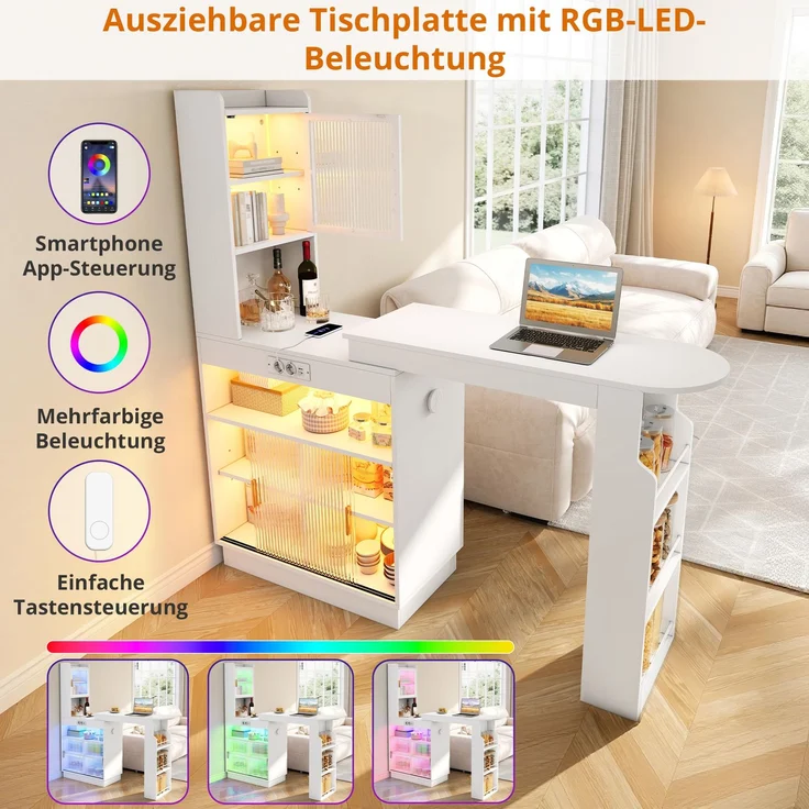ZUBALIYA Küchenschrank mit Glastüren / Barschrank & Sideboard, mit ausziehbarer Bartisch & Stehtisch mit Stauraum und steckdose, Weiß, 131–170 x 40 x 170 cm, fürs Büro, mit LED, Samt – Bild 6