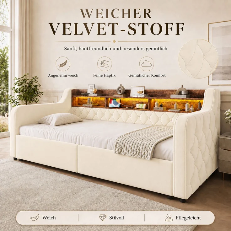 Polsterbett 90x190 cm in Beige mit LED, Ablagefläche und 2 Schubladen – Ohne Matratze – Bild 7