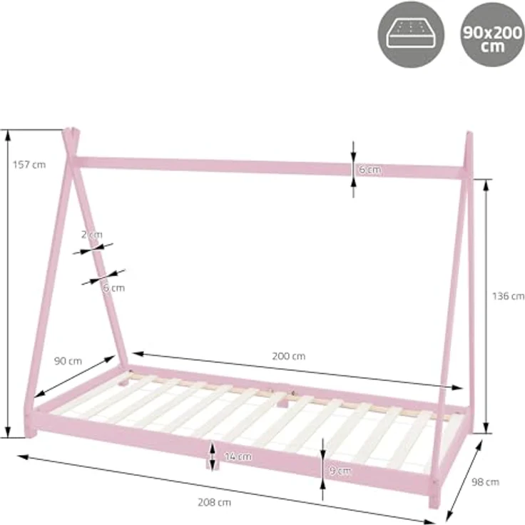 Kinderbett Tipi mit Lattenrost 90x200 cm Rosa aus Kiefernholz ML-Design – Bild 3