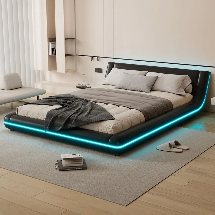 140*200cm Flachbett, Bodenbett, PU, LED-Umgebungslicht, Schwarz
