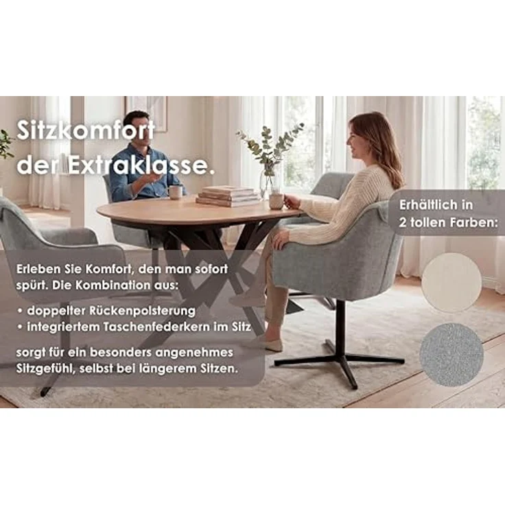 byLIVING 2er Set Esszimmerstuhl Mexico, Polsterstuhl mit Armlehne, 360 Grad drehbar, Taschenfederkern-Polsterung, Stativfuß Metall Schwarz, Strukturstoff Grau, Maße: B 65, H 87, 67 cm – Bild 6