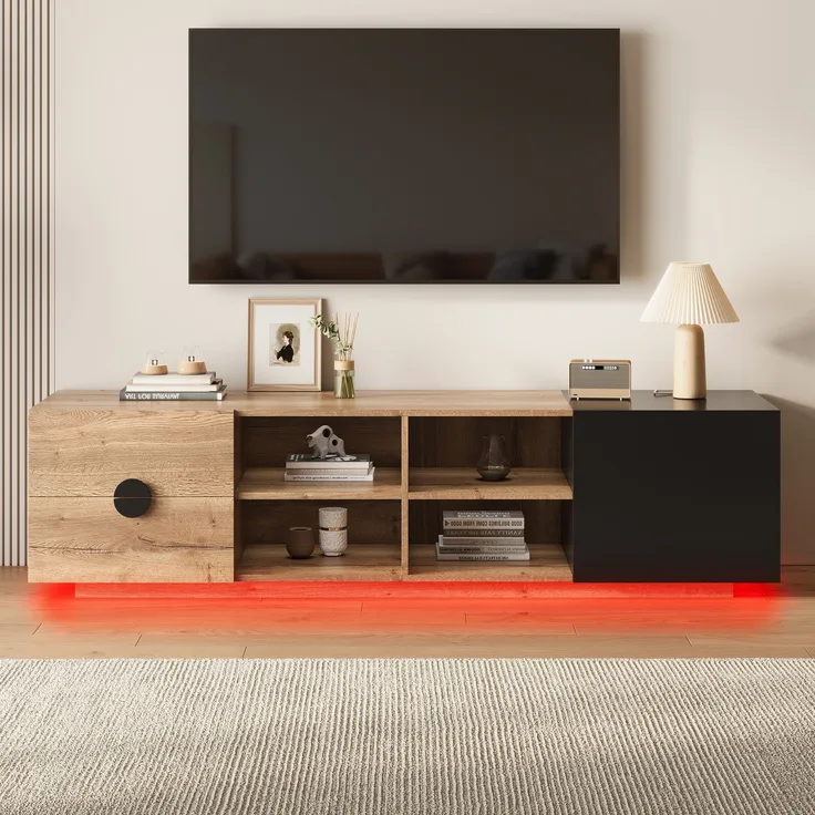Fernsehtisch, Holzwerkstoff mit LED & Schublade, 180x38,5x47 cm, Schwarz/Natur