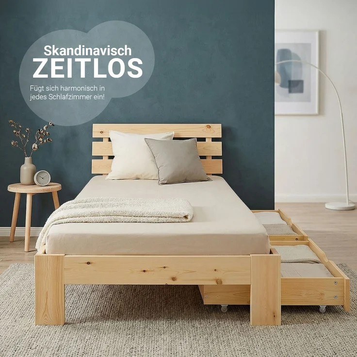 Holzbett 90x200 mit Matratze 2 Bettkästen Bett Natur Holzbett Bettgestell Futonbett Jugendbett Einzelbett – Bild 8