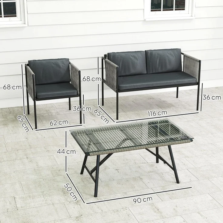 Outsunny Sitzgruppe mit 2er Sofa, Sessel, Glastisch, Kissen, (Gartenmöbel-Set aus Polyrattan, 4-tlg, wetterfest Lounge-Set), für 4 Personen, für Garten, Balkon, Grau – Bild 7