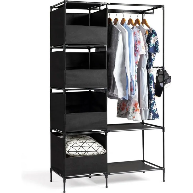 HT Stoffschrank Kleiderschrank aus Vliesstoff, 170x102x42,5cm 4-stufiger zweireihiger Hängeschrank mit Vorhängen und Ablagefächern