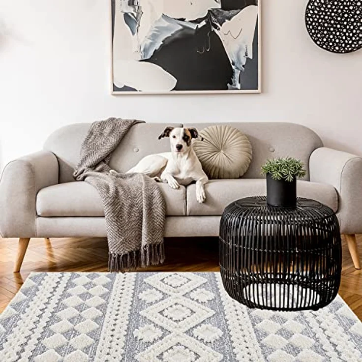 Teppich Wohnzimmer Hochflor - Boho - Pastell Cream Grau - 120x170cm - Einfarbig - Modern Raute Meliert Muster - Skandinavisch Flauschig Weich - Wohnteppich Schlafzimmer Dekoration – Bild 9
