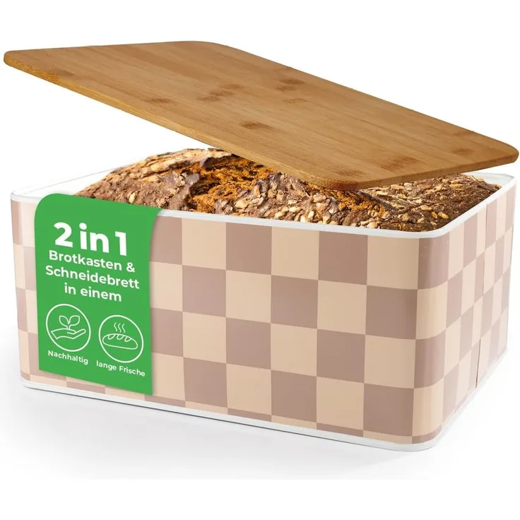 Lumaland Brotkasten Karo-Design 10l beige/weiß mit Bambusdeckel