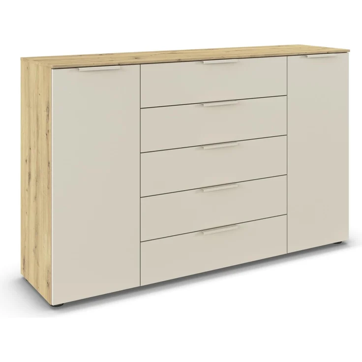 Rauch Möbel Flipp, Kommode für Schlafzimmer, Kinderzimmer, Wohnzimmer, Jugendzimmer, Flur, Garderobe, 2-türig, 5 Schubladen, mit Softclose-Funktion, Farbe Eiche Artisan, Holz/Beige, Breite 160 cm – Bild 1
