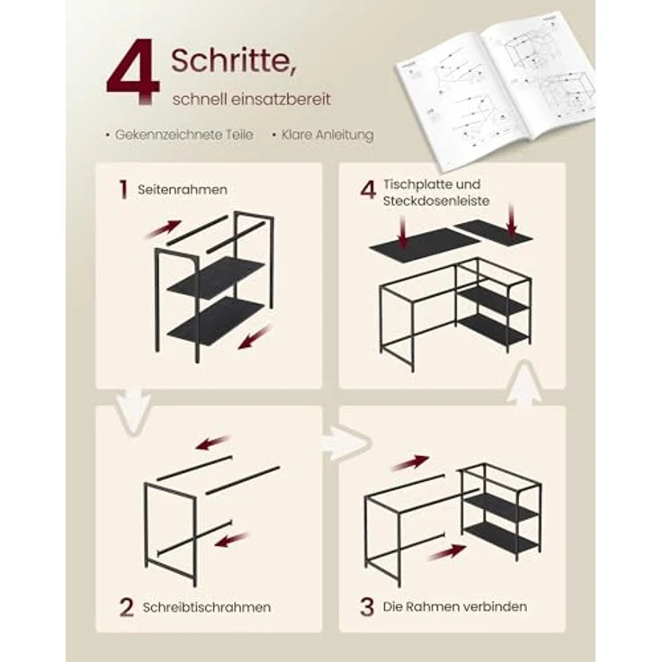 VASAGLE Eckschreibtisch in L-Form, Computertisch mit Stauraum, Bürotisch, höhenverstellbare Ablage, für Homeoffice, 110 x 80 cm, ebenholzschwarz LWD135BE01 – Bild 8