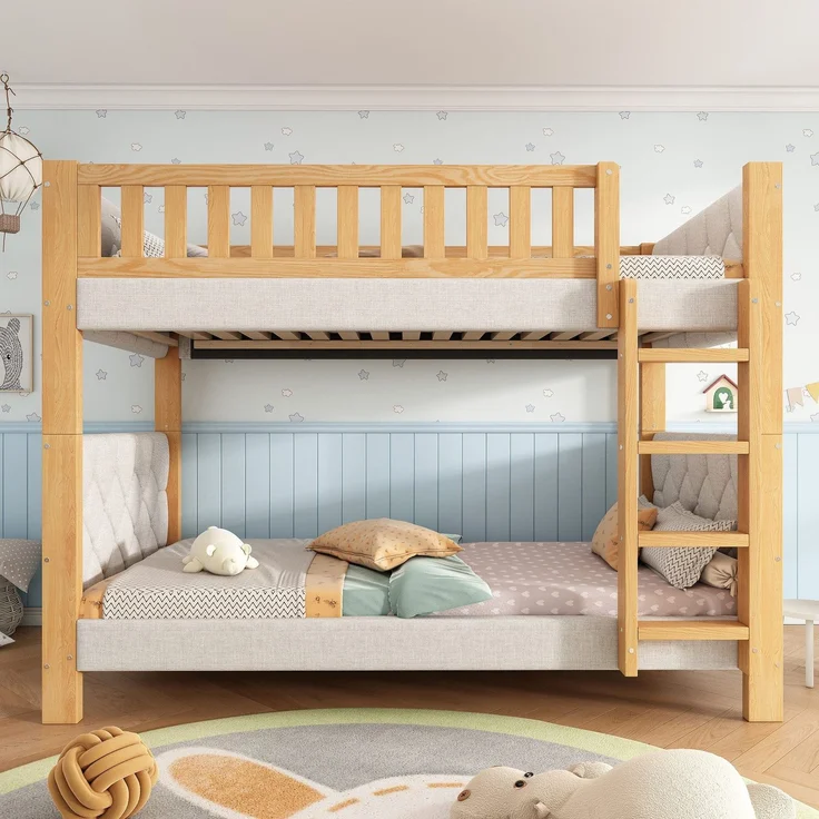 Etagenbett mit 2 Schlafgelegenheiten, 90x200cm, Kopfteil gepolstert, Kinderbett mit Leiter und Lattenost, Massivholz – Bild 3