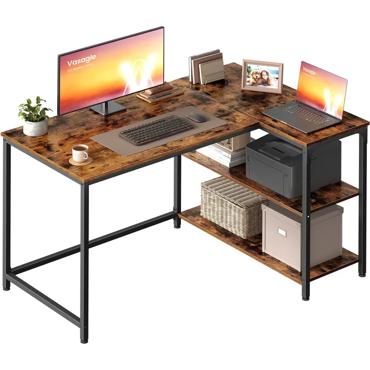 VASAGLE Eckschreibtisch in L-Form, Computertisch mit Stauraum, Bürotisch, höhenverstellbare Ablage, für Homeoffice, 110 x 80 cm, vintagebraun LWD135KD01