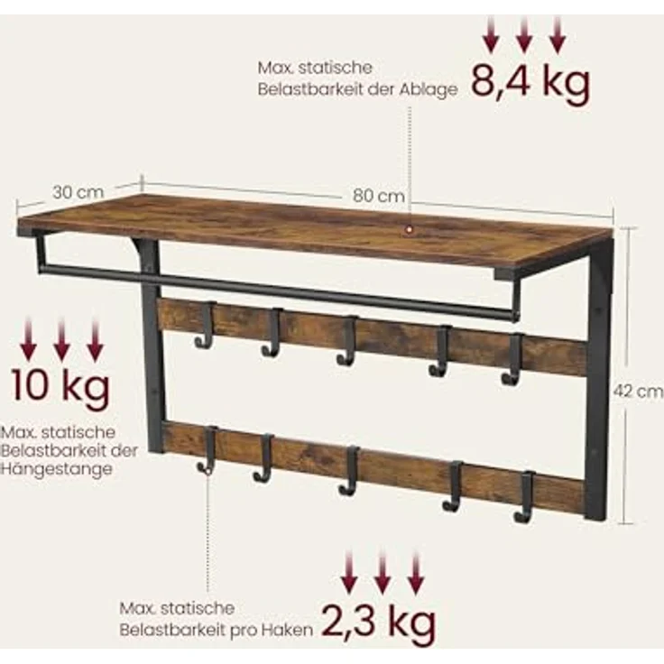 VASAGLE Wandgarderobe, mit Ablage, Wandregal mit 10 abnehmbaren Haken, Hängeregal, Wandmontage, 2 Garderobenleisten, Kleiderstange, für Flur, Schlafzimmer, Badezimmer, vintagebraun-schwarz LCR201B01 – Bild 6