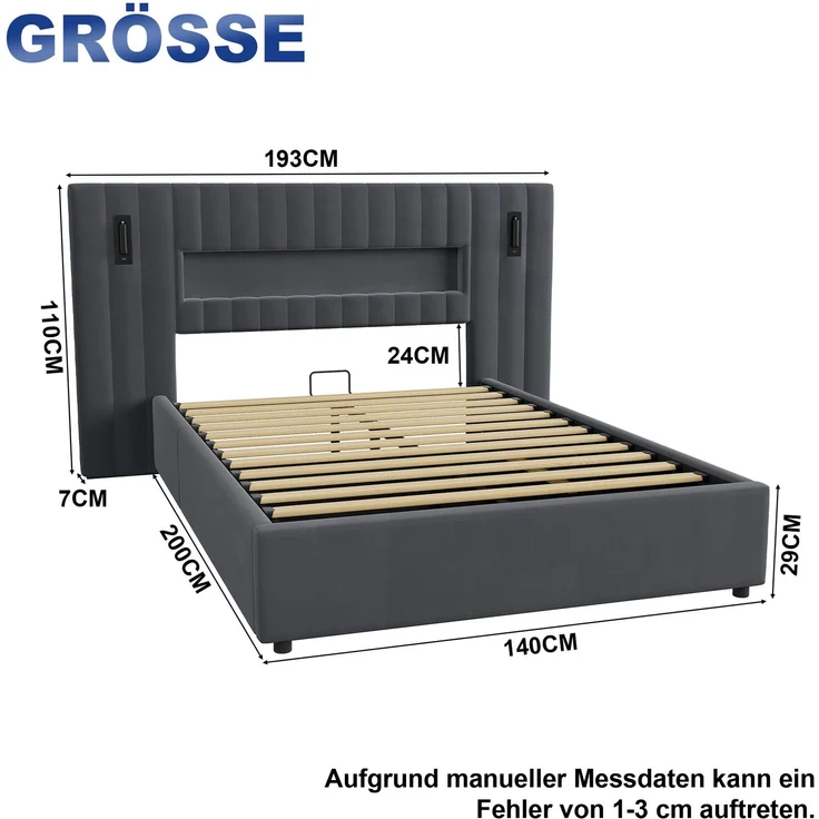 Polsterbett 140x200 cm mit hydraulischem Stauraum, Leselampen und USB-Anschluss – Ohne Matratze – Bild 4