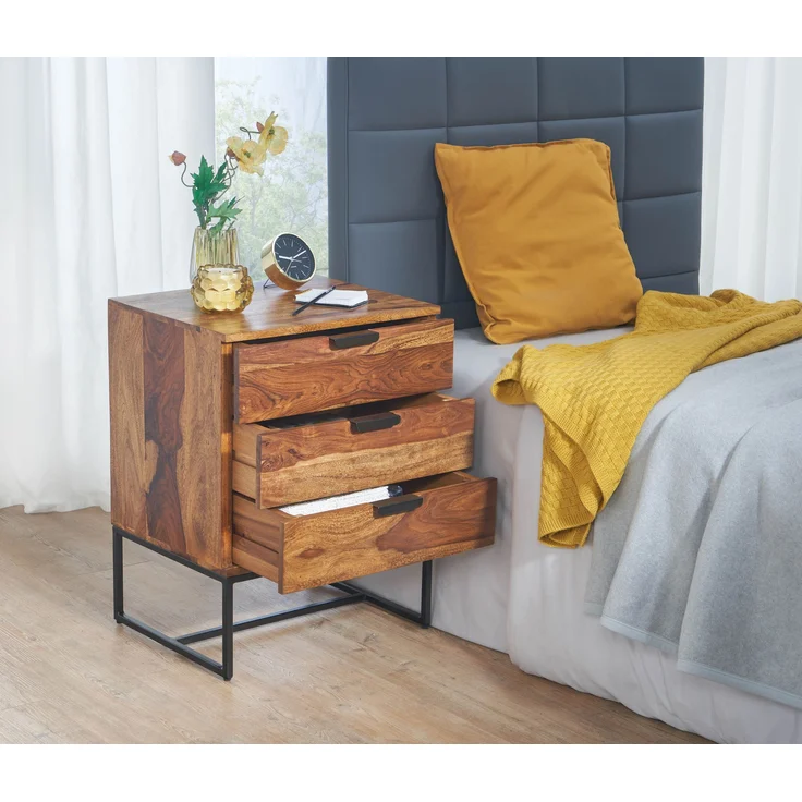 FINEBUY Nachttisch FB86843 (50 x 40 x 65 cm Sheesham Massivholz Metall, Industrial), Nachtkästchen mit Schubladen, Nachtkonsole Modern – Bild 5
