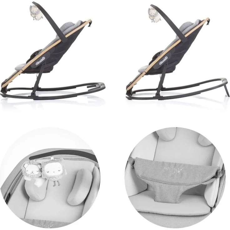 Chipolino Babywippe Senso Holzoptik Spielbogen Kopfstütze 3-Punkt-Gurt faltbar grau – Bild 4