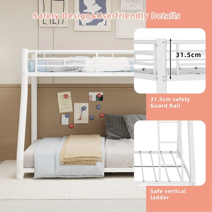 EINHOM Metall-Etagenbett 90 x 190 / 140 x 190 cm, mit Leiter und Durchgehenden Sicherheitsgeländern, Platzsparend, für Jugendliche und Erwachsene (Ohne Matratze) – Bild 6