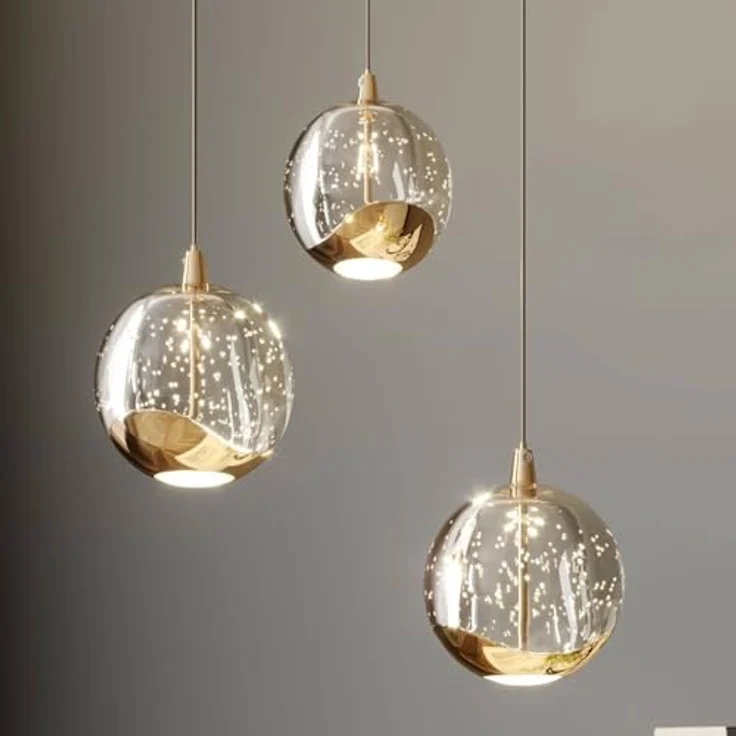 Lucande LED-Pendellampe Hayley, Ø 25 cm, 3-flg., gold, Blasenglas, für Esstisch – Bild 2