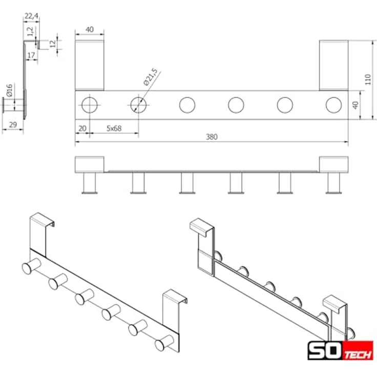 SO-TECH® Garderobenleiste Türgarderobe LINEA mit 6 Haken echt Edelstahl Türhaken (1 St) – Bild 7