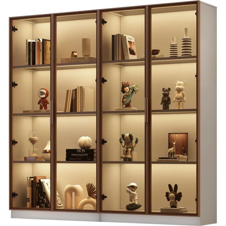 DESVIAE Vitrine 2er-Set mit LED-Beleuchtung, 160x160x40 cm, Spanplatte, Weiß mit braunem Glas – Bild 2