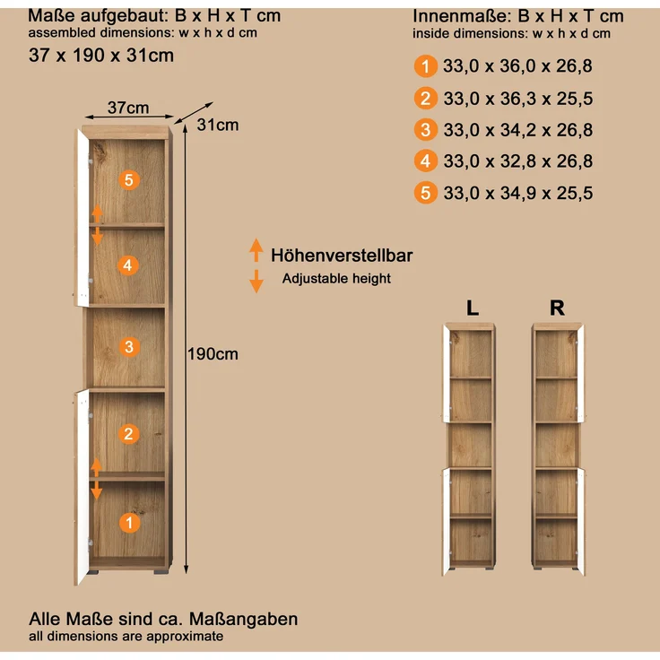 Trendteam 'Amanda' Hochschrank, Holz, Eiche, 190 x 31 x 37 cm – Bild 10