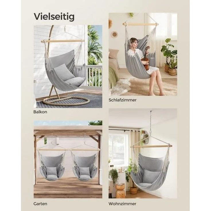 Songmics Hängesessel, Hängeschaukel, Hängestuhl mit 2 Kissen, Metallkette, bis 150 kg belastbar, Indoor und Outdoor, Wohnzimmer, Schlafzimmer, taubengrau GDC187G01 – Bild 5