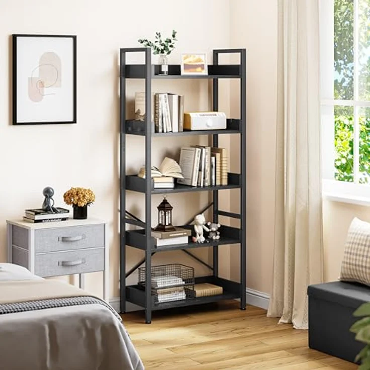 YITAHOME Bücherregal 5 Etagen, Bodenstehendes Bücherregal, Holzregal und stabiles Stahlrahmenregal mit 4 Haken Industrielles Lagerregal für Wohnzimmer, Heimbüro, Schwarz – Bild 4