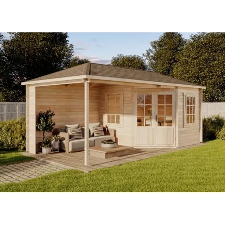 Alpholz 5-Eck Gartenhaus Mosel Gartenhaus aus Holz Holzhaus mit 40 mm Wandstärke inklusive Terrasse Blockbohlenhaus mit Montagematerial